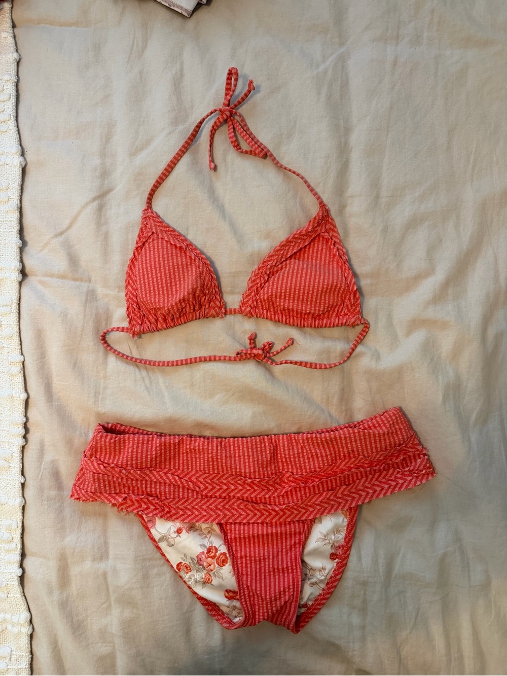 Textured Coral Seersucker Triangle Bikini Set Hipster fold over ruffle bottom -M